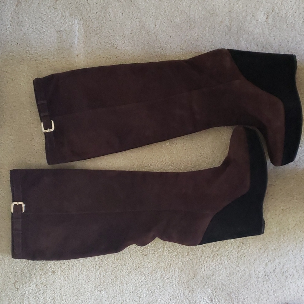 Prada Brown Suede Black Wedge Silver Buckle (just) below Knee Boots size 39.5